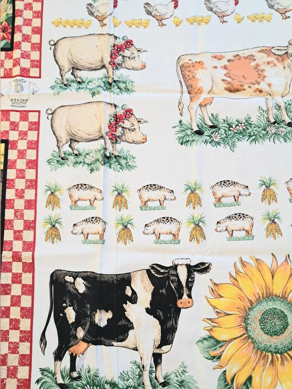 Vintage Fabric Panel & Matching Scraps American Homestead Applique Farm Cow Pigs